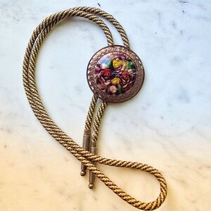 Vintage Solid Copper Tone Enamel Oval Western Bolo